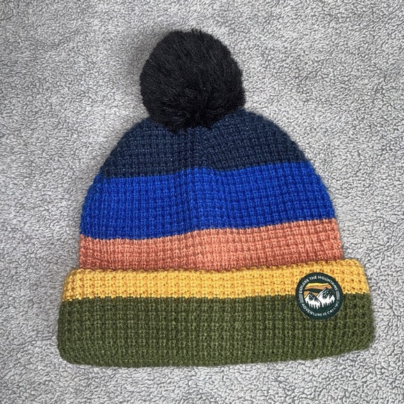 The Unbranded Brand Other - Explore The Mountains Beanie Cuffed Waffle Knit Winter Fleece Lined Pom Hat
